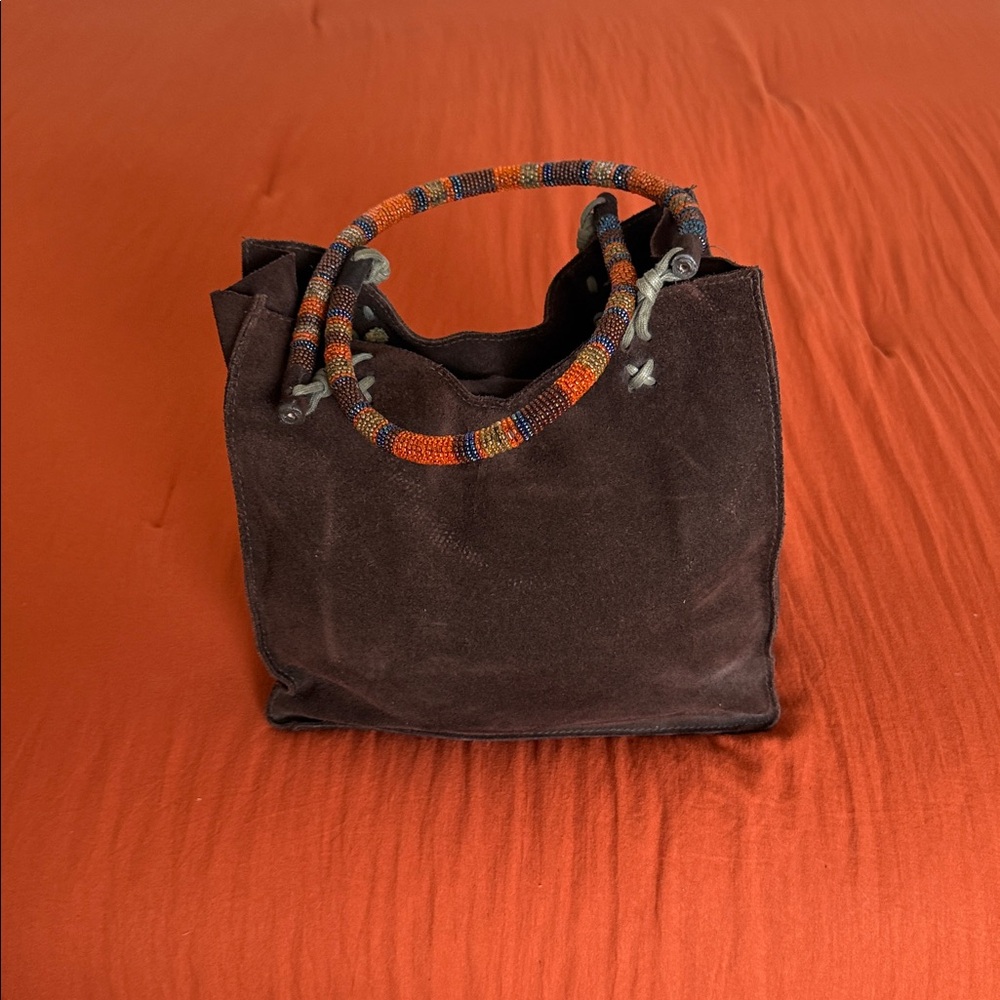 Chic Brown Suede Satchel with Beaded Handle